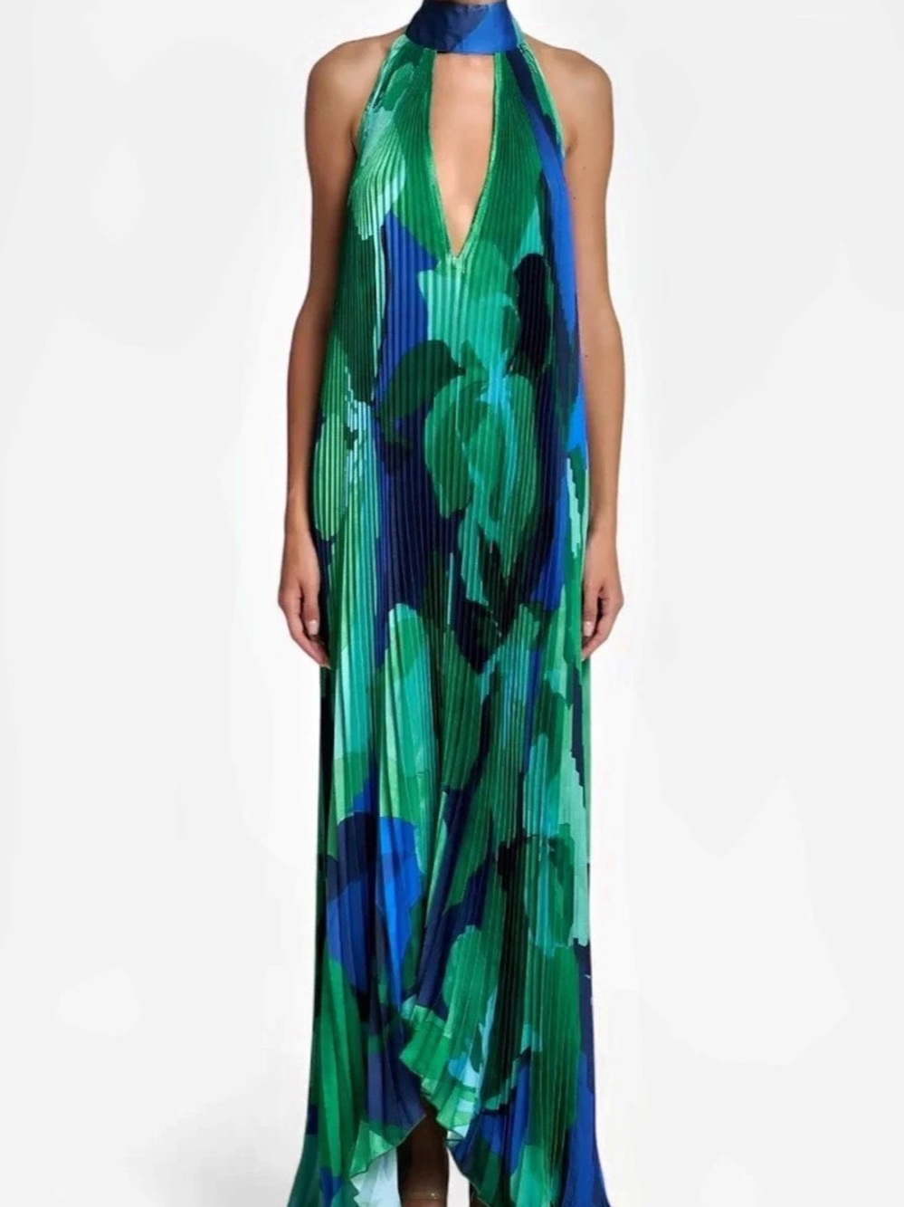 Pleated Halter Maxi Dress Green & Blue ~ NEVER WORN BUT NO TAGS